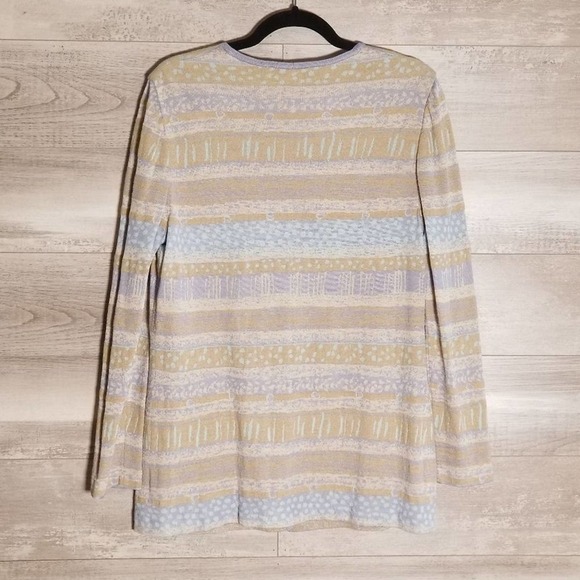 St. John Stripe Pattern V-Neck Knit Button Down Cardigan Sweater Size 8 Tan Blue - Picture 3 of 5